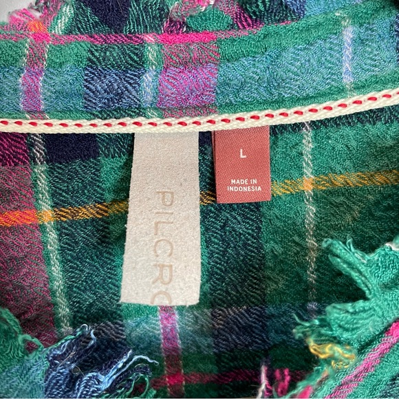 Anthropologie‎ Pilcro Cropped Puff-Sleeve Blouse Green Plaid Large Relaxed Fit - Picture 7 of 16